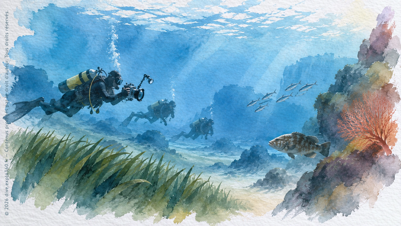 Les membres de L’équipe Dive.Explo360 lors d’une plongée en Méditerranée