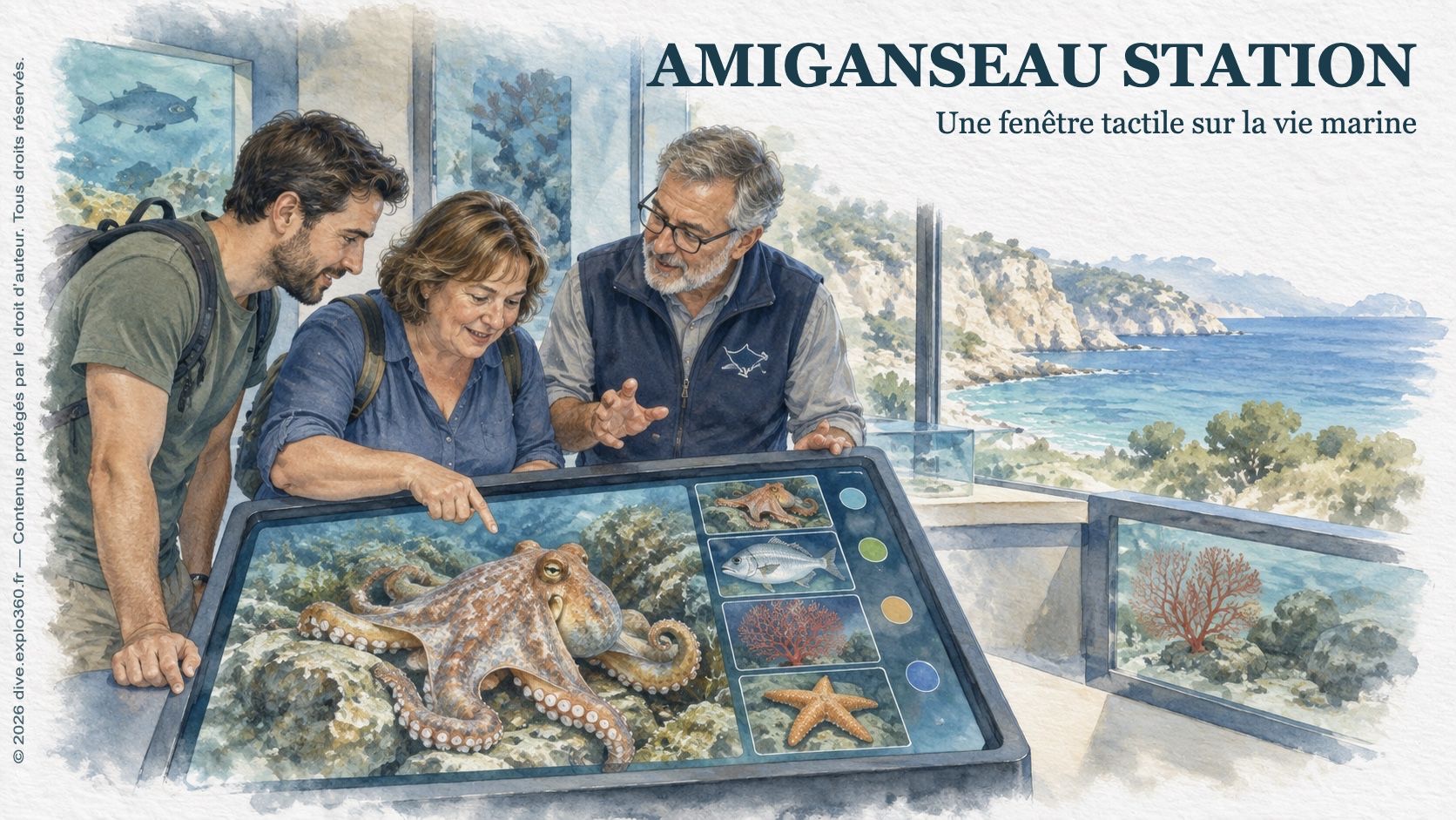 Visiteurs explorant la vie marine sur une station tactile