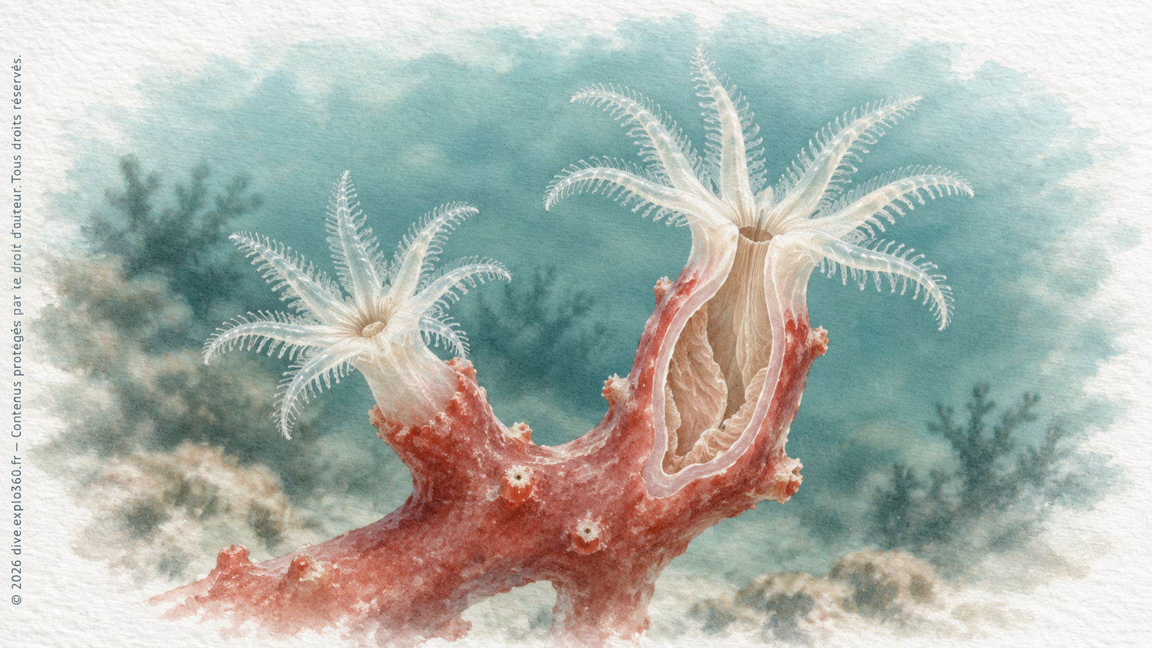 Un polype de corail rouge, avec sa bouche et ses huit tentacules à petits prolongements latéraux.