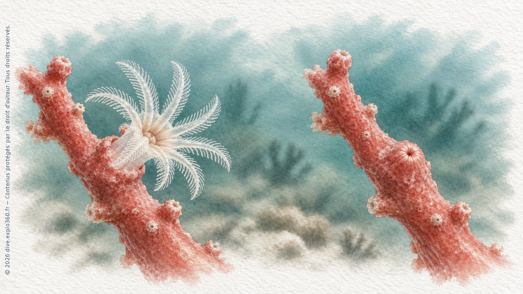 Polypes de corail rouge déployés et complètement retirés dans les tissus de la branche.