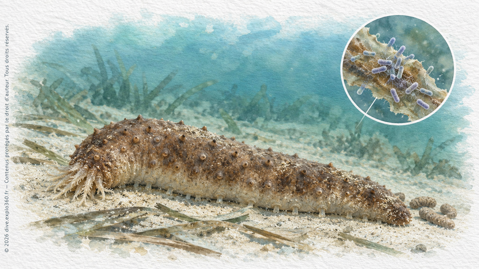 L’holothurie tubuleuse (Holothuria tubulosa) se nourrit dans le sédiment. L’encart montre schématiquement des microorganismes associés aux restes, sans échelle commune.