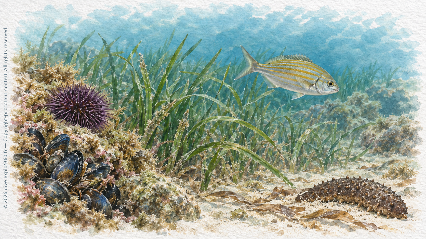 Mediterranean seagrass and rocky seabed with organisms whose functions are connected.