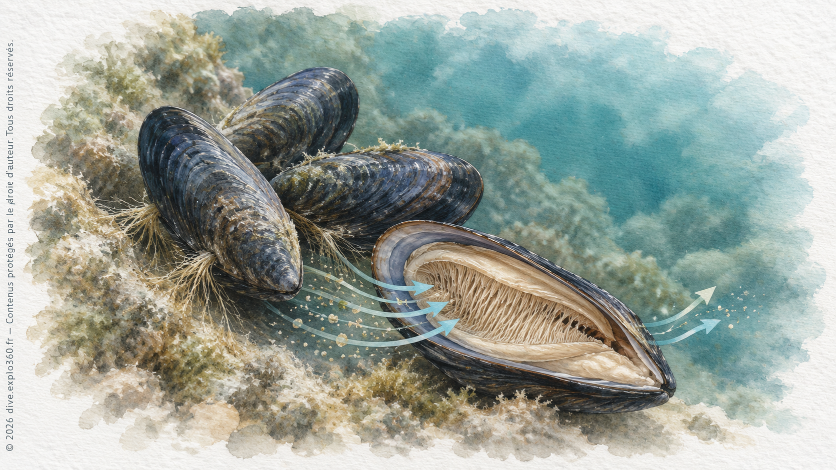 La moule méditerranéenne (Mytilus galloprovincialis) retient des particules alimentaires transportées par l’eau. La coupe et les flèches sont schématiques.
