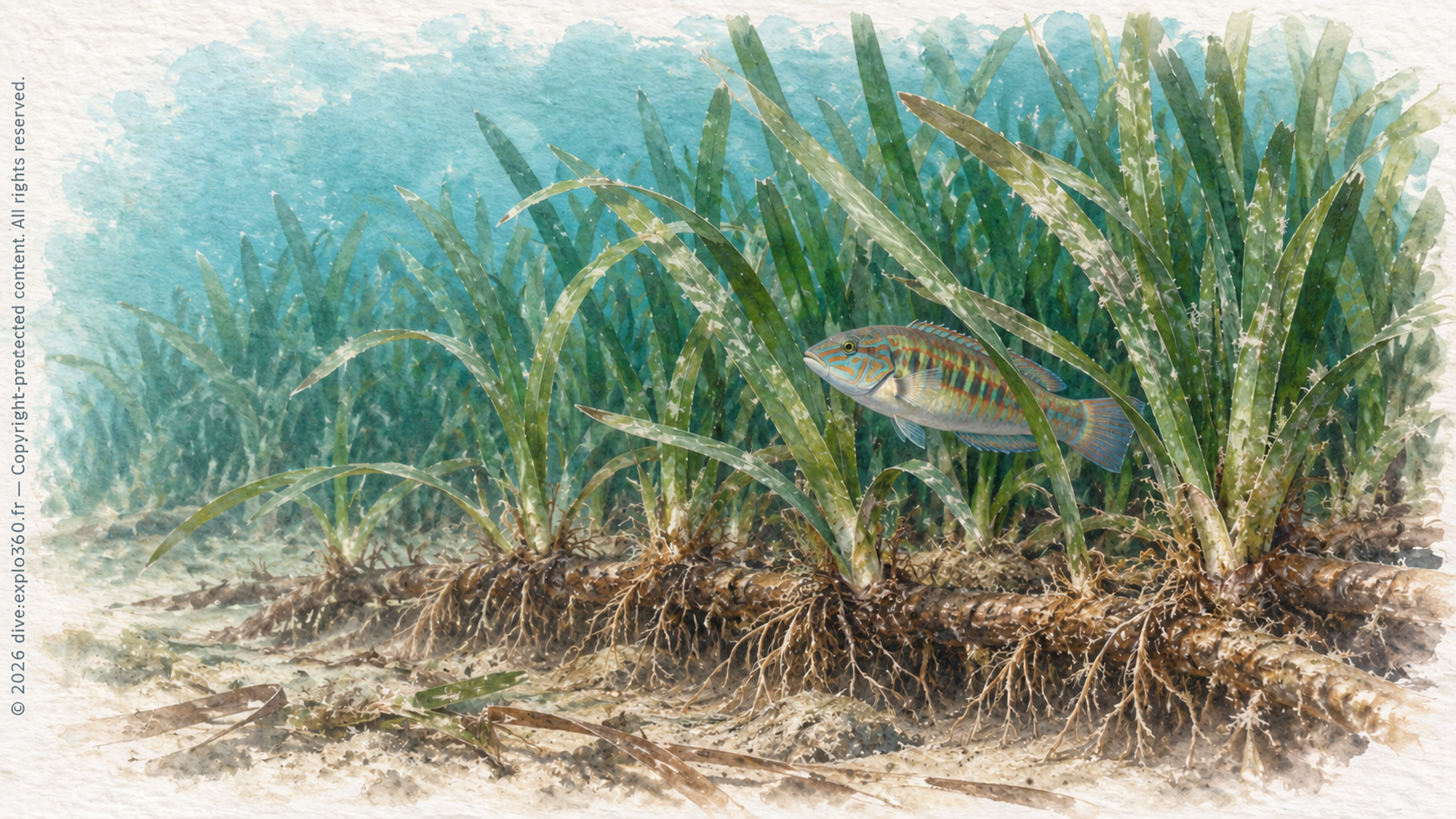 A Neptune grass (Posidonia oceanica) meadow creates spaces used by other animals. The seabed cutaway shows stems and roots.