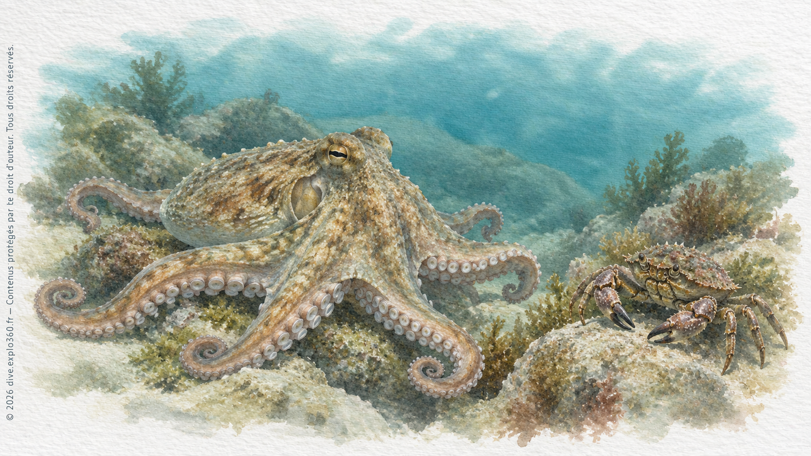 Le poulpe commun (Octopus vulgaris) et un crabe, représentés séparément pour illustrer une relation possible entre prédateur et proie.