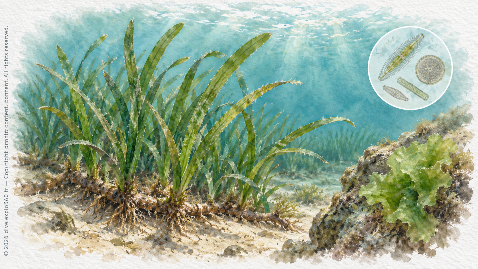 Neptune grass (Posidonia oceanica), algae and microscopic photosynthetic organisms: different forms of producers. The inset is a schematic enlargement, not to a common scale.