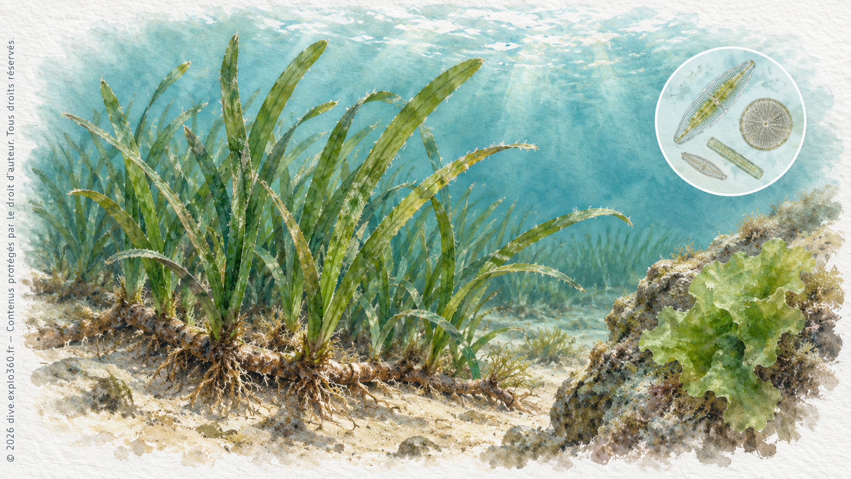 La posidonie (Posidonia oceanica), des algues et des organismes microscopiques photosynthétiques : plusieurs formes de producteurs. L’encart est un agrandissement schématique, sans échelle commune.