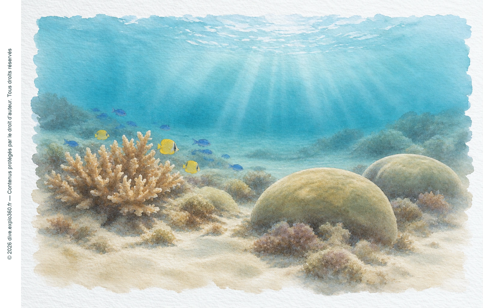 Récif tropical : colonies de coraux durs et abris entre les reliefs