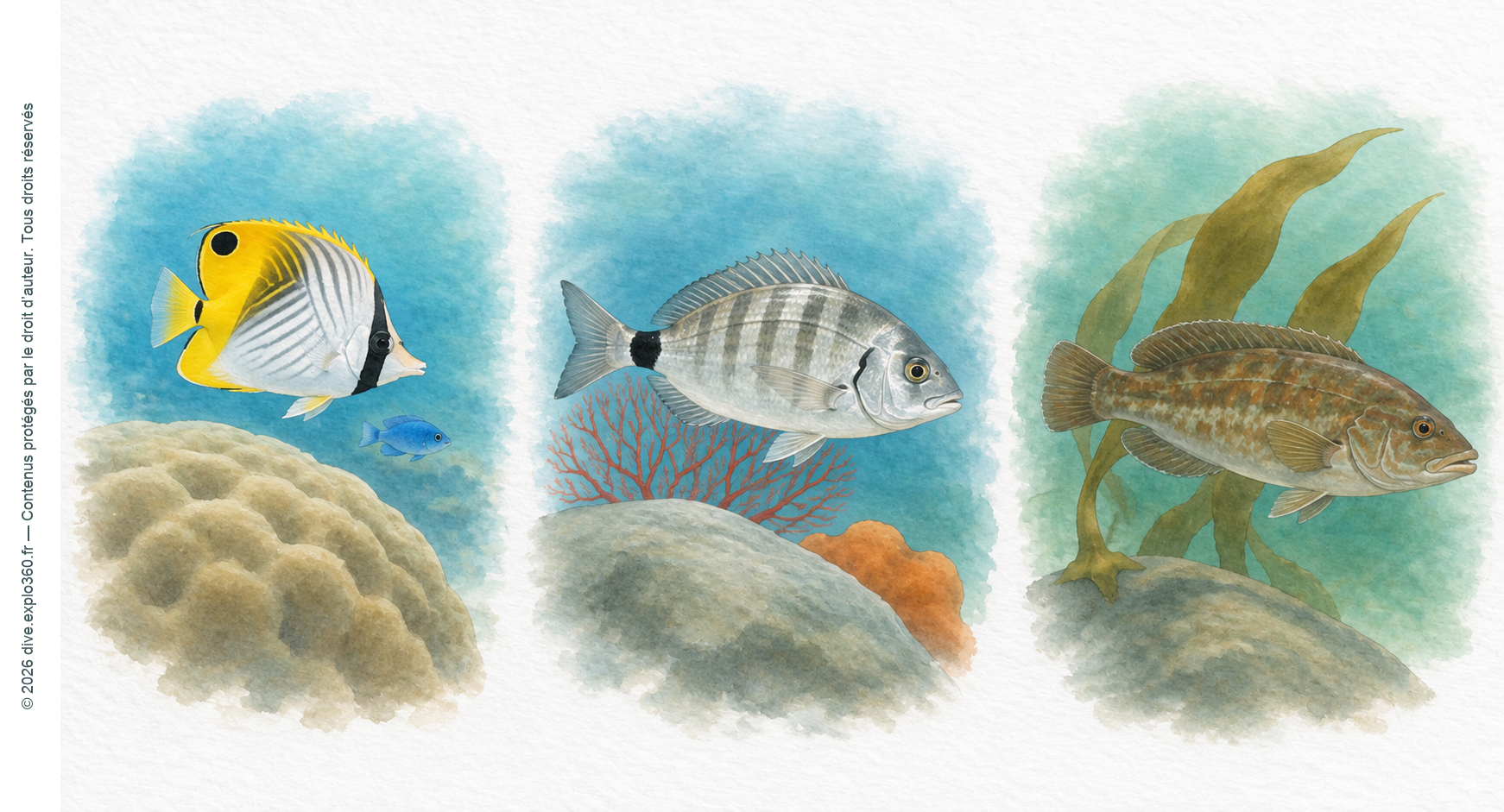 Comparaison de trois habitats : récif tropical, coralligène méditerranéen et côte atlantique tempérée.