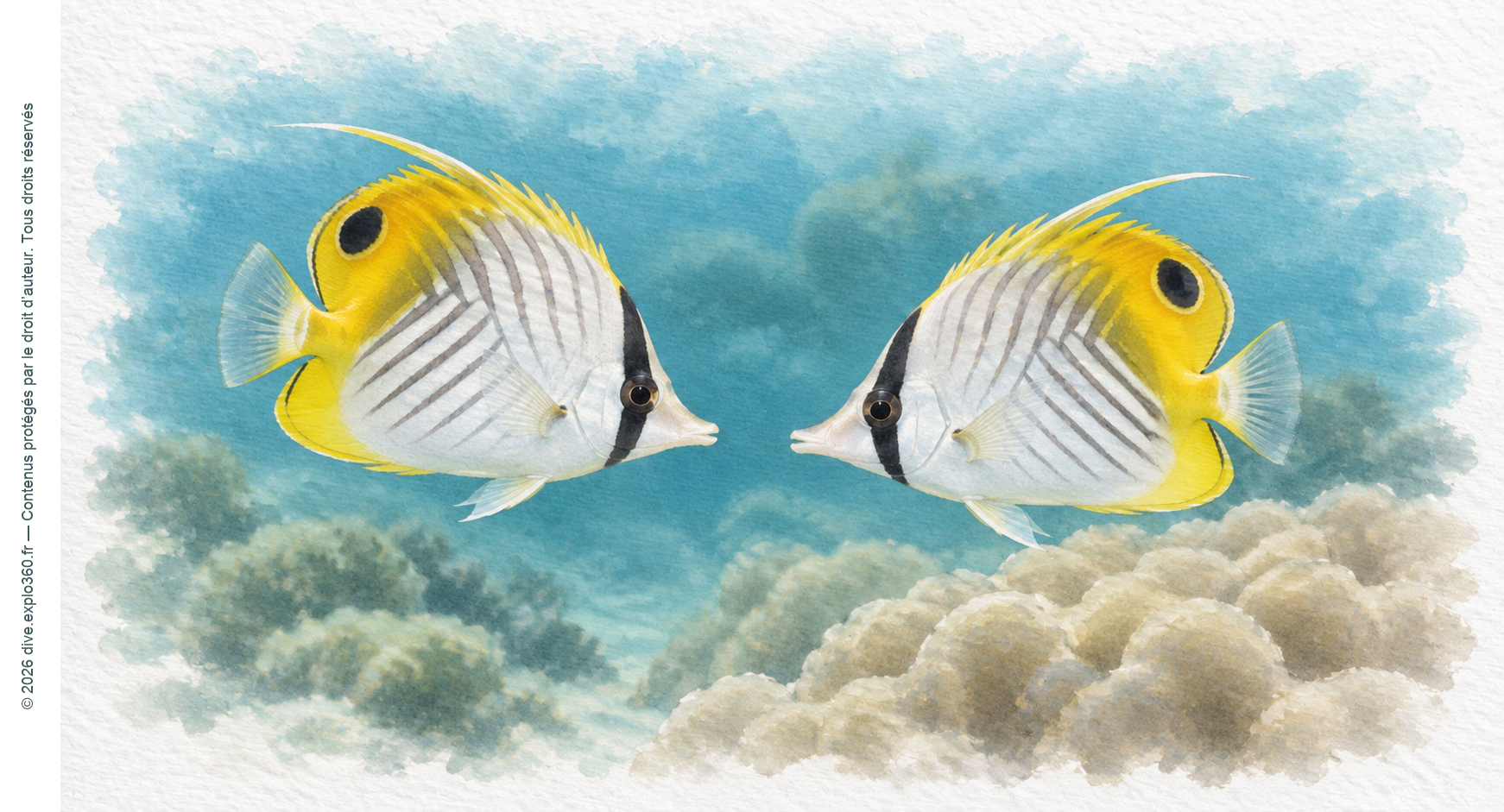 Deux poissons-papillons se faisant face devant un récif aux teintes discrètes.