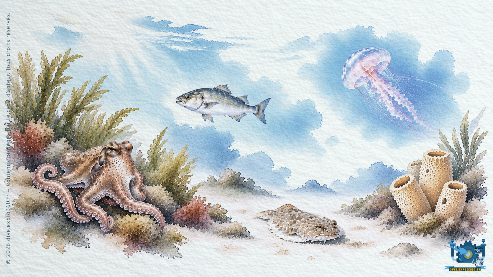 Illustration de la diversité marine : poissons, poulpe, méduse, éponges et algues