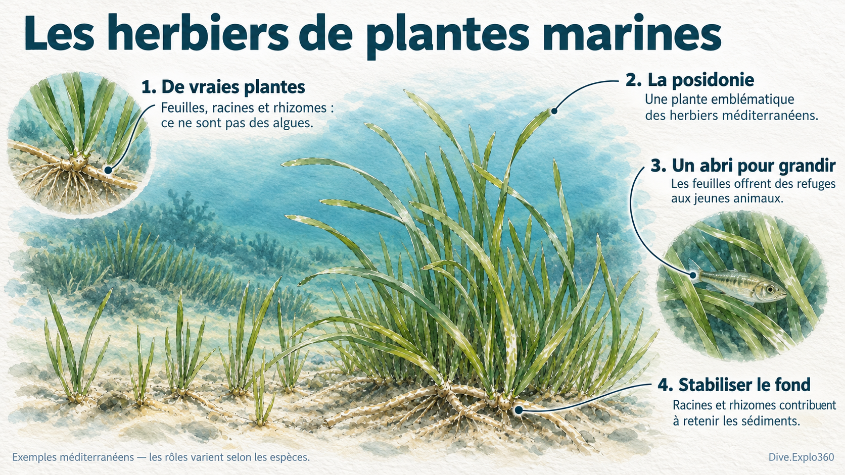 Illustration naturaliste — Plantes à fleurs marines