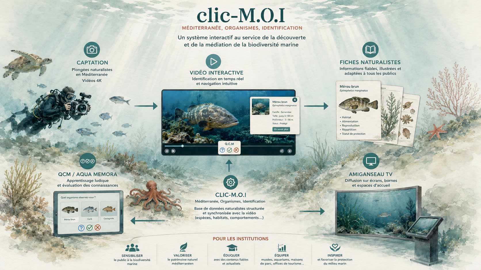 Fonctionnement du système interactif Clic-M.O.I pour la découverte et l'identification de la biodiversité marine méditerranéenne
